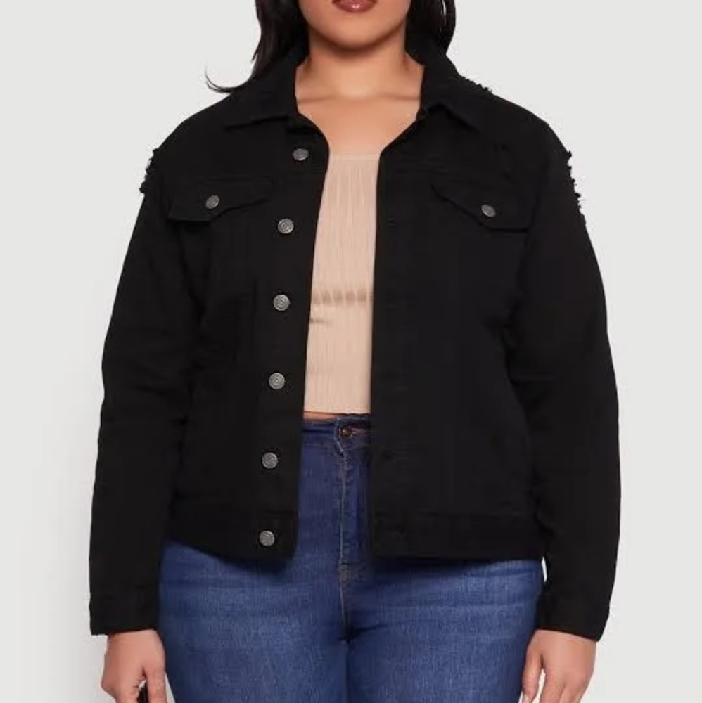 Plus Women's Black Distressed Denim Jacket